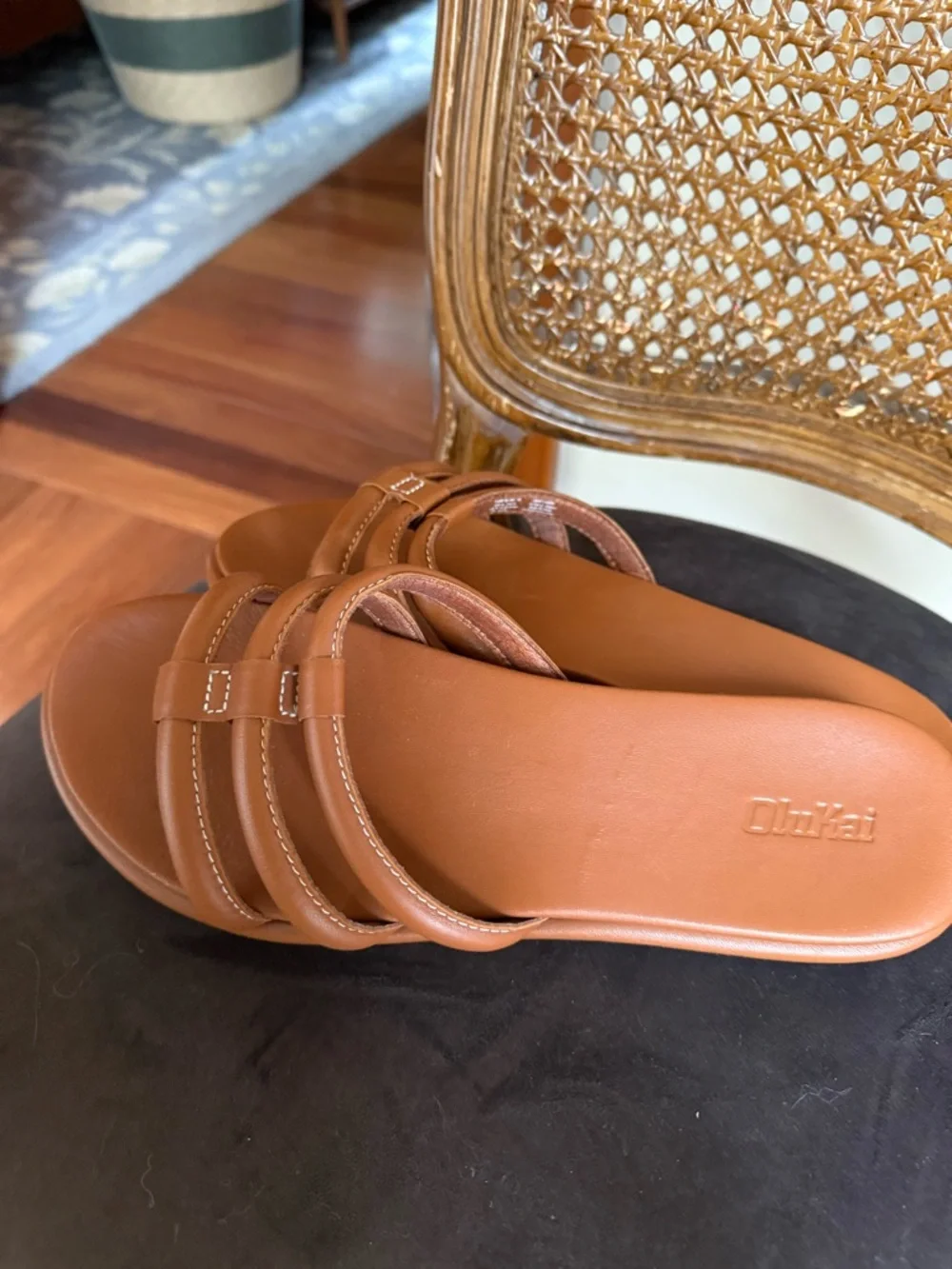 OluKai Women's Triple-Strap Cognac Slide Sandals - Picture 5 of 5